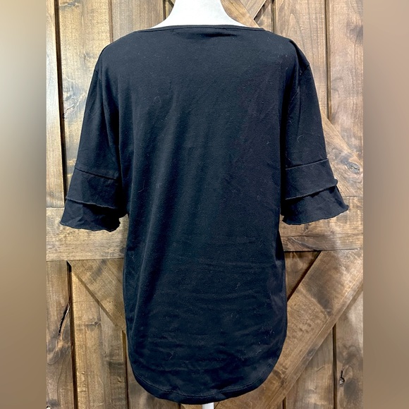 EUC Amaryllis Black Ruffle Sleeve Floral Embroidered Top Sz L - Picture 12 of 16